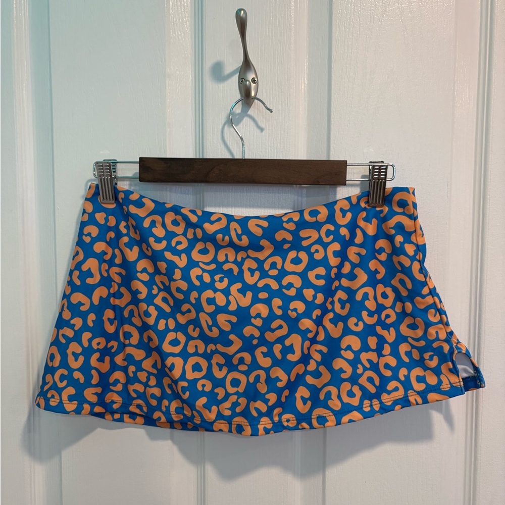 Evry Jewels Blue and Orange Leopard Print Mini Swimming Skirt